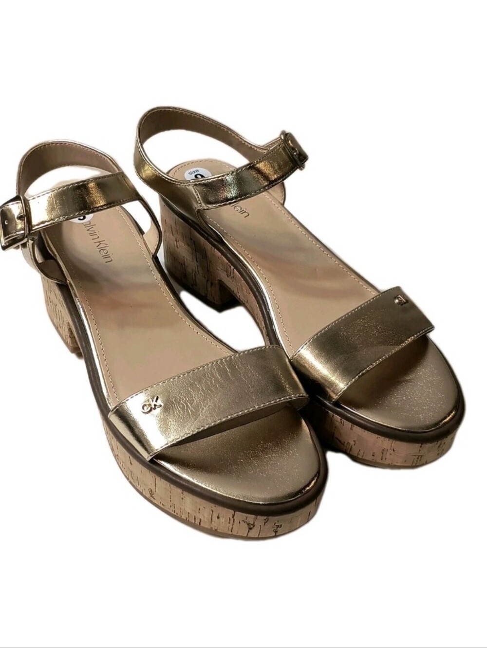 Calvin Klein Gold Metallic Platform Sandals Sz 9M Cork Block Wedge Heel New